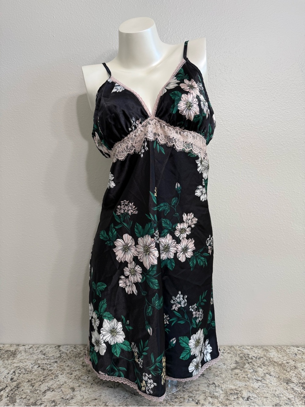 Adore Me Black Satin Floral Lace-Trim Chemise